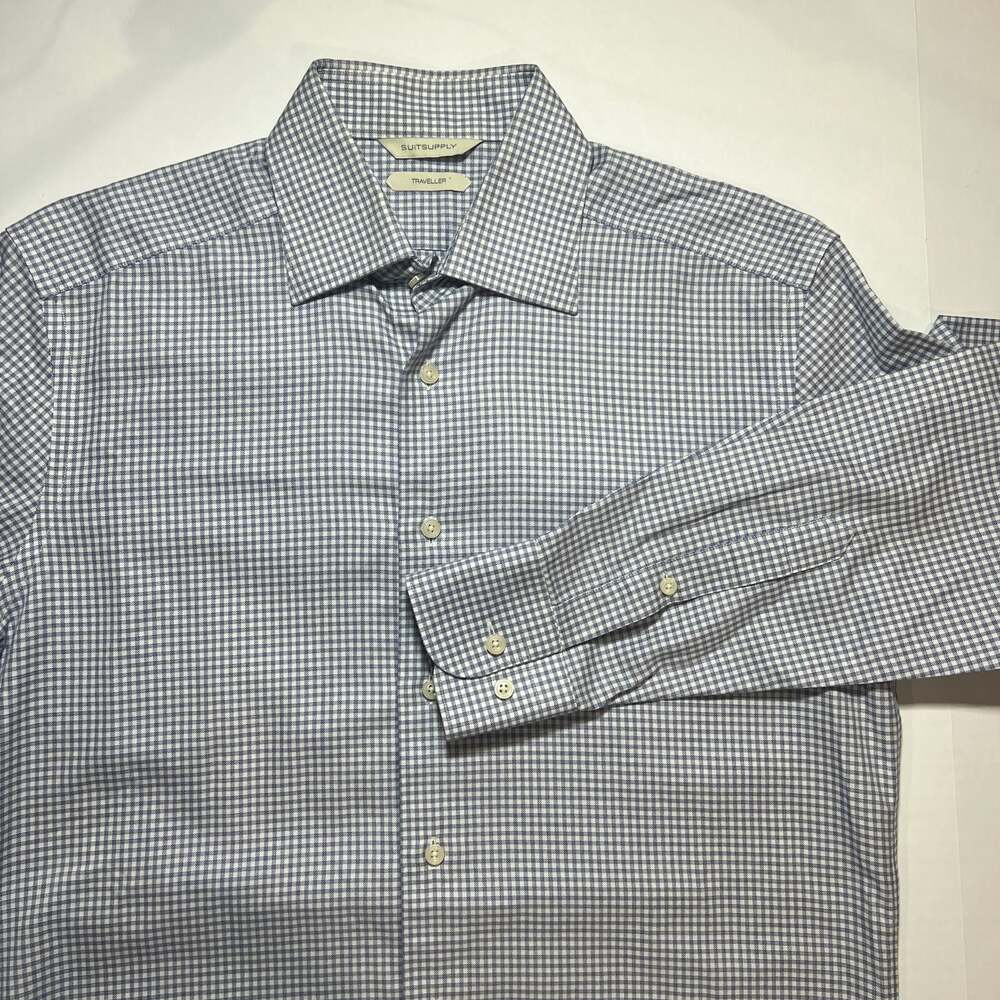 Suitsupply Men's Traveller Slim Fit Blue Checkered Button Up Dress Shirt Size 38